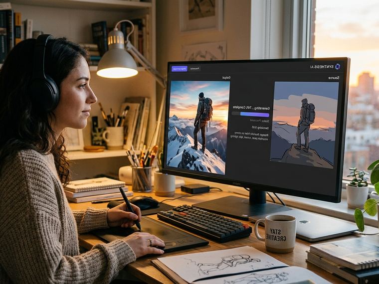 Ontwerper die aan een bureau een schets door AI laat omzetten naar een afbeelding